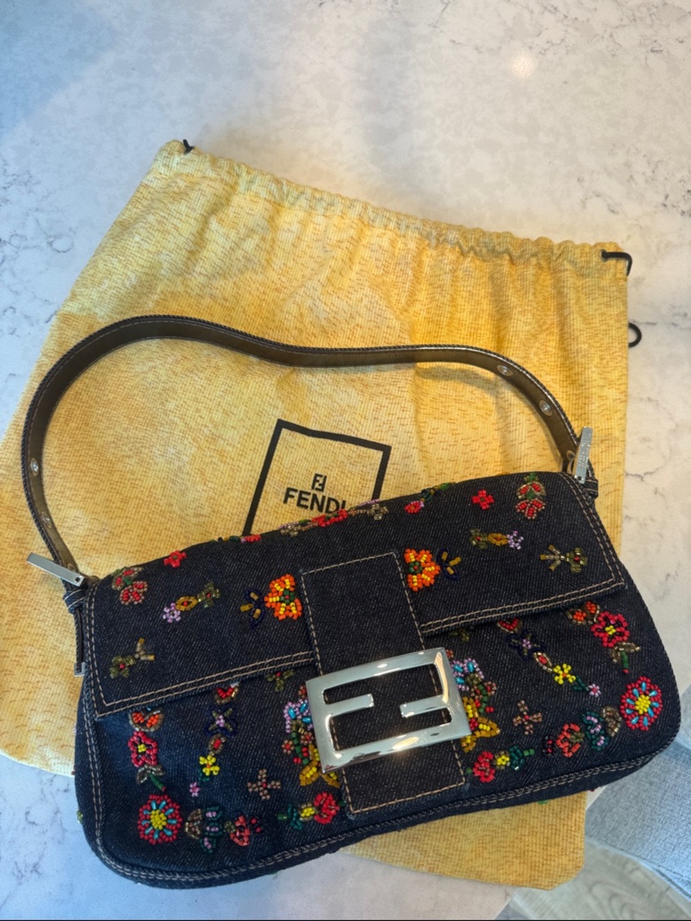 Vintage Fendi Denim Beaded Baguette Bag ✨ Rare Y2K Embellished Shoulder Bag - Picture 6 of 14